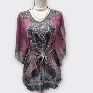 Carrie‎ Allen Womans One Size Chiffon Top Coverup Embellished Kimono Boho Hippie